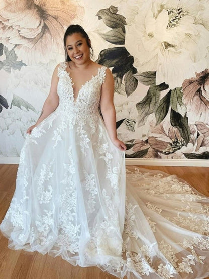 Backless White Tulle Lace Wedding Dresses V Neck Aline Bridal Dress