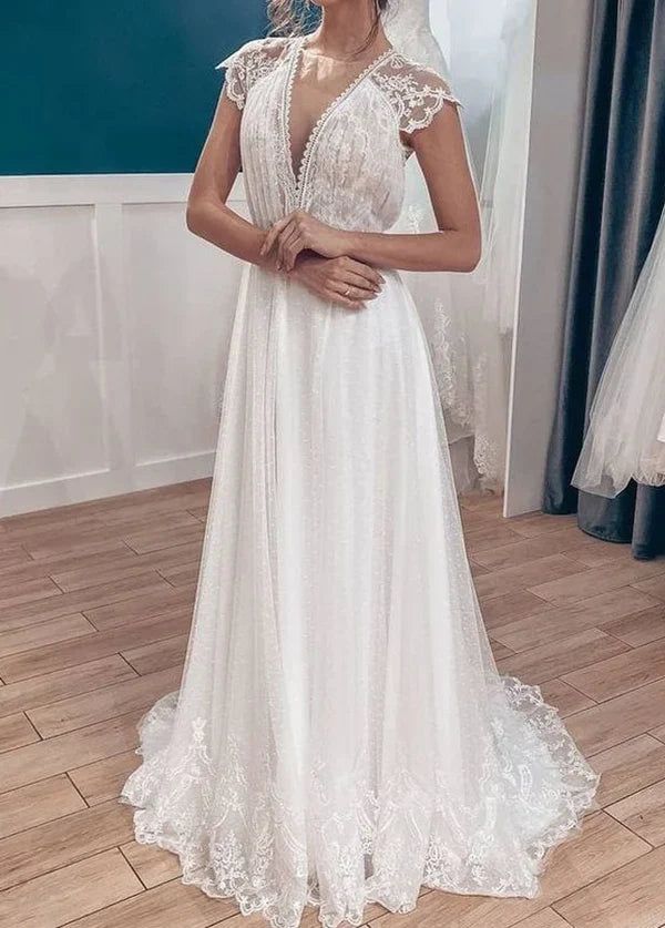 A-line Backyard Tulle Long Wedding Dresses with Cap Sleeves