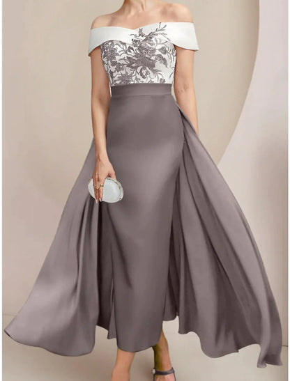 A-Line Mother of the Bride Dress Wedding Guest Elegant Off Shoulder Ankle Length Stretch Fabric Short Sleeve with Appliques Ruching