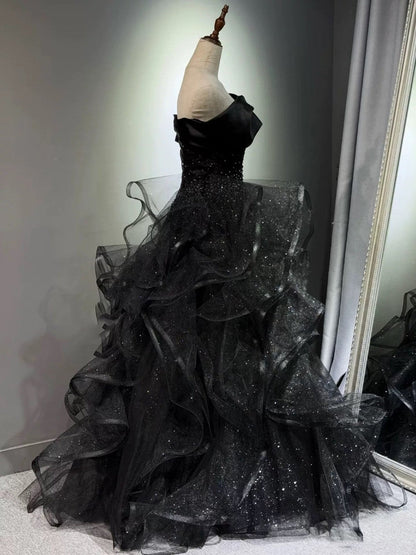 Black Ball Gown Prom Dress Ruffled Formal Birthday Gown Long