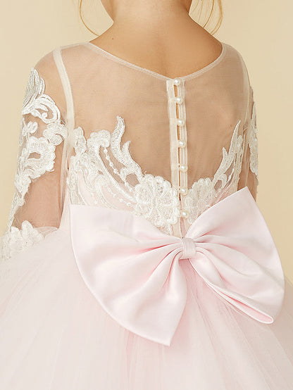 Ball Gown Long Sleeve Illusion Neck Flower Girl Dress with Lace Tulle Bows and Buttons