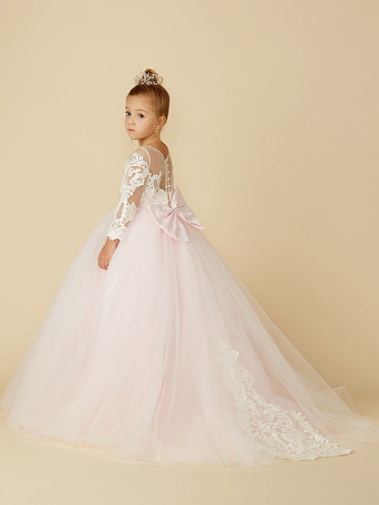 Ball Gown Long Sleeve Illusion Neck Flower Girl Dress with Lace Tulle Bows and Buttons