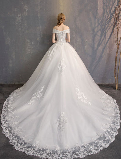 Ball Gown Princess Wedding Dresses Ivory Lace Beaded Chains Off The Shoulder Bridal Dress