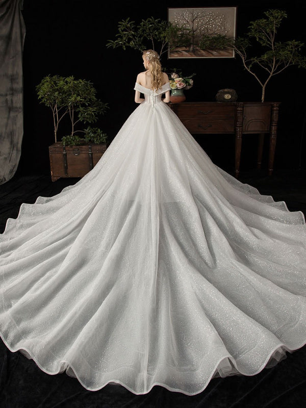 Ball Gown Wedding Dress Princess Silhouette Cathedral Train Off The-Shoulder Short Sleeves Natural Waist Beaded Sequined Bridal Dresses