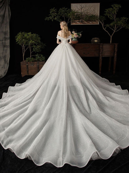 Ball Gown Wedding Dress Princess Silhouette Cathedral Train Off The-Shoulder Short Sleeves Natural Waist Beaded Sequined Bridal Dresses