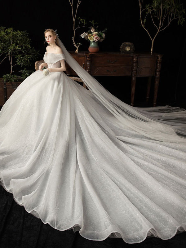 Ball Gown Wedding Dress Princess Silhouette Cathedral Train Off The-Shoulder Short Sleeves Natural Waist Beaded Sequined Bridal Dresses