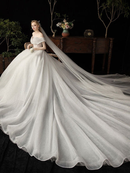 Ball Gown Wedding Dress Princess Silhouette Cathedral Train Off The-Shoulder Short Sleeves Natural Waist Beaded Sequined Bridal Dresses