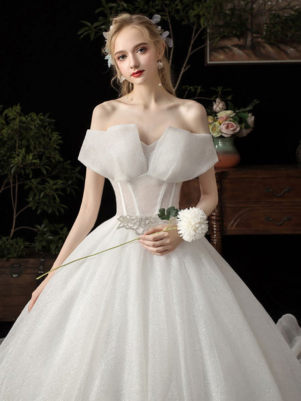 Ball Gown Wedding Dress Princess Silhouette Cathedral Train Off The-Shoulder Short Sleeves Natural Waist Beaded Sequined Bridal Dresses