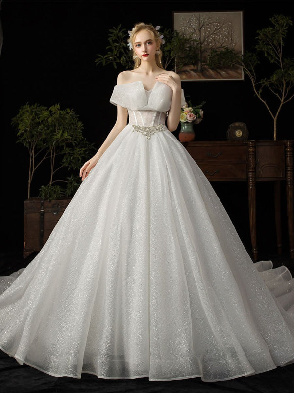 Ball Gown Wedding Dress Princess Silhouette Cathedral Train Off The-Shoulder Short Sleeves Natural Waist Beaded Sequined Bridal Dresses