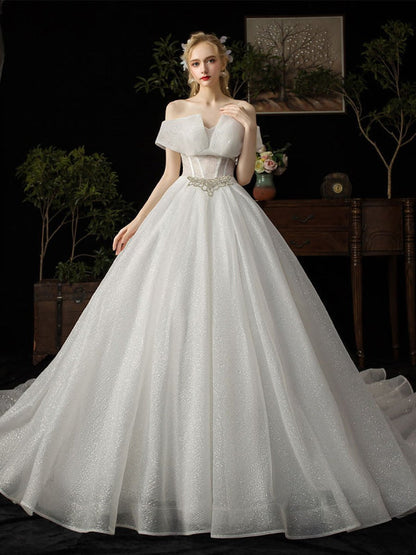 Ball Gown Wedding Dress Princess Silhouette Cathedral Train Off The-Shoulder Short Sleeves Natural Waist Beaded Sequined Bridal Dresses
