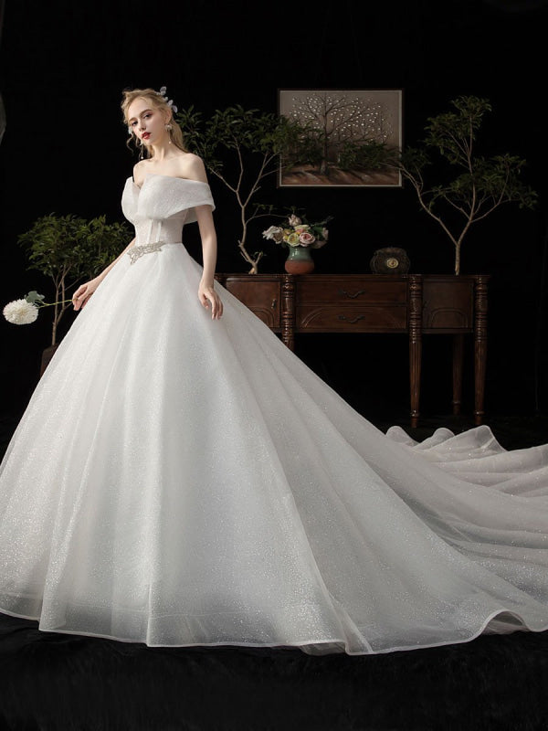 Ball Gown Wedding Dress Princess Silhouette Cathedral Train Off The-Shoulder Short Sleeves Natural Waist Beaded Sequined Bridal Dresses