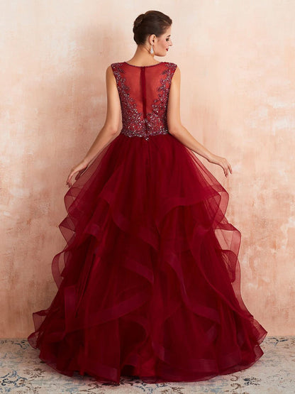 Ball Gown Wedding Dress Princess Floor Length V Neck Sleeveless Sequins Tulle Bridal Dresses