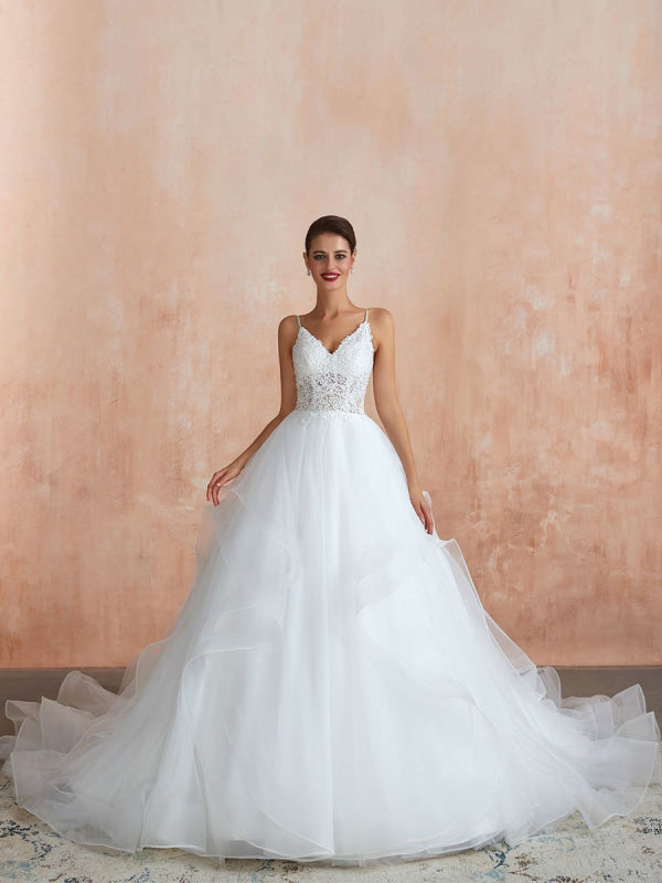 Ball Gown Wedding Dress Princess Straps Neck Sleeveless Studded Tulle Bridal Gowns With Train