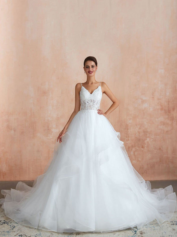 Ball Gown Wedding Dress Princess Straps Neck Sleeveless Studded Tulle Bridal Gowns With Train