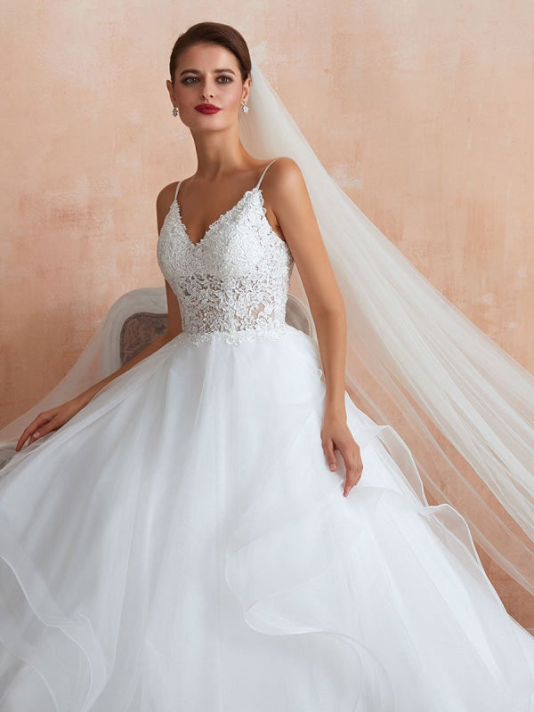 Ball Gown Wedding Dress Princess Straps Neck Sleeveless Studded Tulle Bridal Gowns With Train