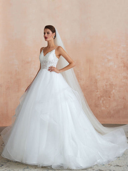Ball Gown Wedding Dress Princess Straps Neck Sleeveless Studded Tulle Bridal Gowns With Train