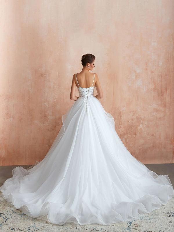 Ball Gown Wedding Dress Princess Straps Neck Sleeveless Studded Tulle Bridal Gowns With Train