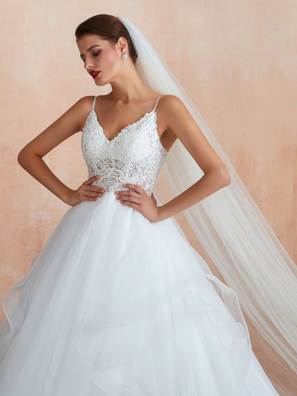 Ball Gown Wedding Dress Princess Straps Neck Sleeveless Studded Tulle Bridal Gowns With Train