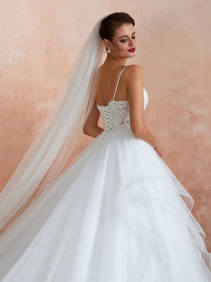 Ball Gown Wedding Dress Princess Straps Neck Sleeveless Studded Tulle Bridal Gowns With Train