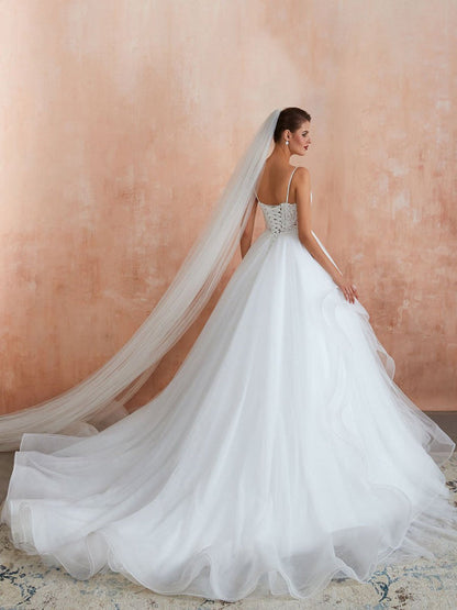 Ball Gown Wedding Dress Princess Straps Neck Sleeveless Studded Tulle Bridal Gowns With Train