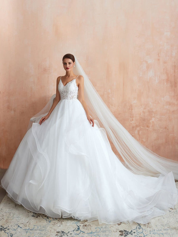 Ball Gown Wedding Dress Princess Straps Neck Sleeveless Studded Tulle Bridal Gowns With Train