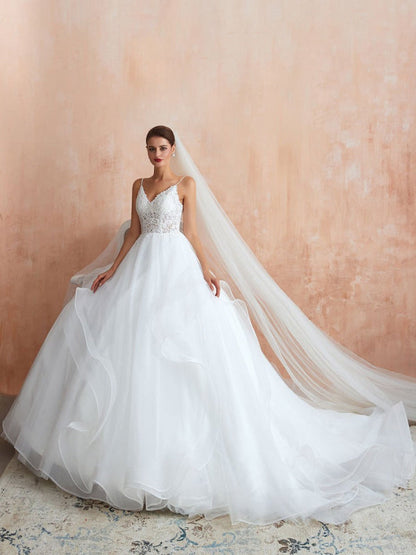 Ball Gown Wedding Dress Princess Straps Neck Sleeveless Studded Tulle Bridal Gowns With Train