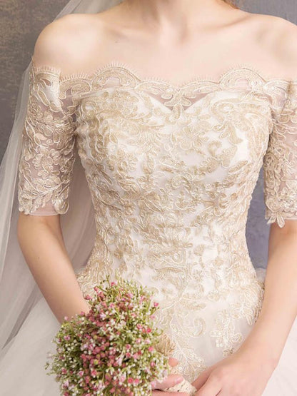 Ball Gown Wedding Dresses Off Shoulder Floor Length Tulle Lace Over Satin Half Sleeve Glamorous Illusion Detail