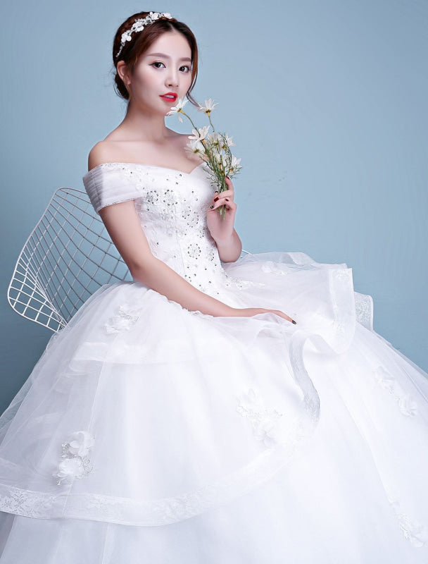 Ball Gown Wedding Dresses Princess Ivory Off The Shoulder Beaded Floor Length Bridal Dress