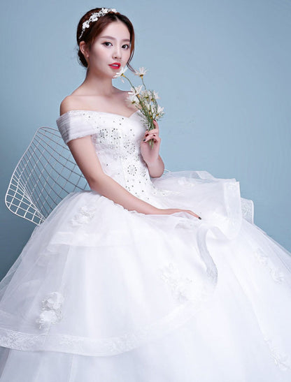 Ball Gown Wedding Dresses Princess Ivory Off The Shoulder Beaded Floor Length Bridal Dress