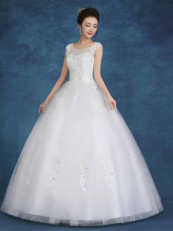 Ball Gown Wedding Dresses Scoop Neck Floor Length Satin Tulle Cap Sleeve Romantic See-Through Backless