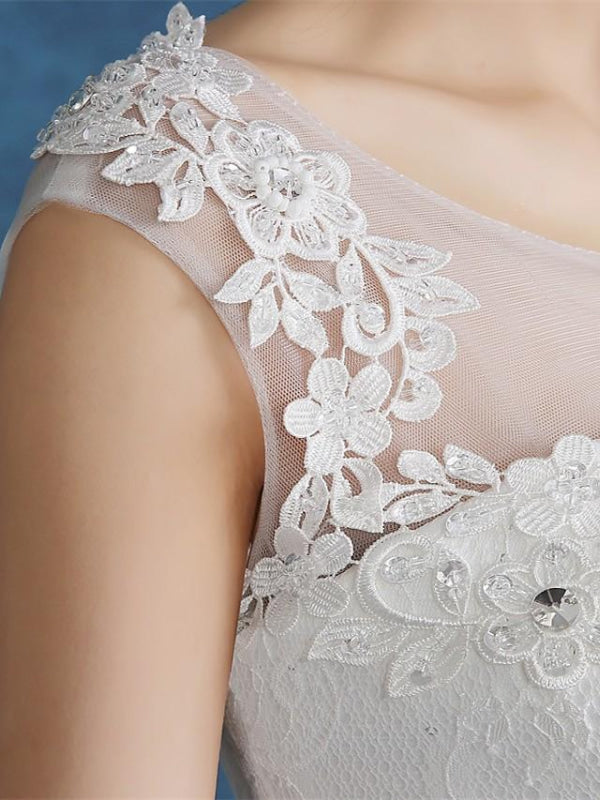 Ball Gown Wedding Dresses Scoop Neck Floor Length Satin Tulle Cap Sleeve Romantic See-Through Backless
