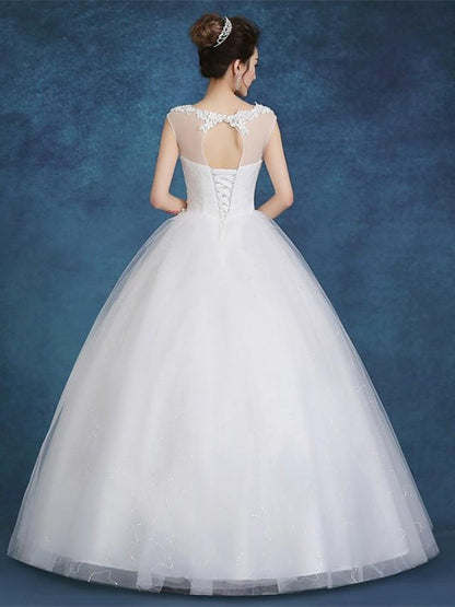 Ball Gown Wedding Dresses Scoop Neck Floor Length Satin Tulle Cap Sleeve Romantic See-Through Backless