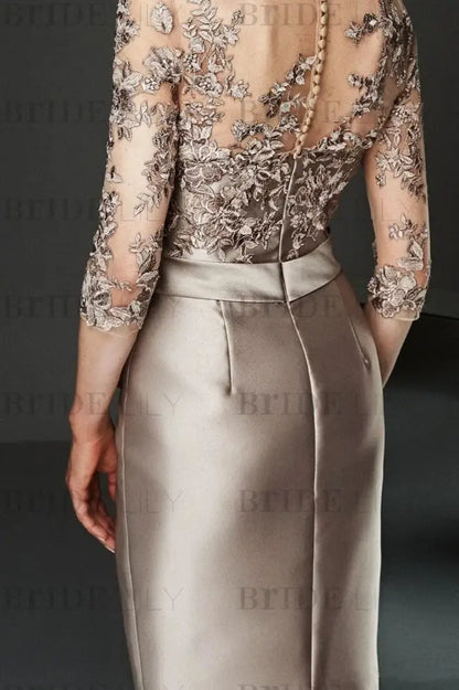 Bateau 3/4 Long Sleeves Satin Mother of the Bride Dresses with Lace
