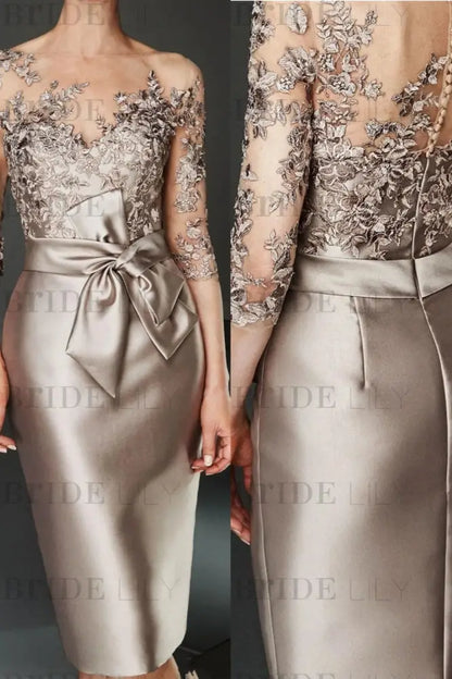 Bateau 3/4 Long Sleeves Satin Mother of the Bride Dresses with Lace