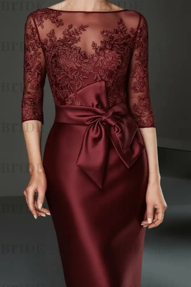Bateau 3/4 Long Sleeves Satin Mother of the Bride Dresses with Lace