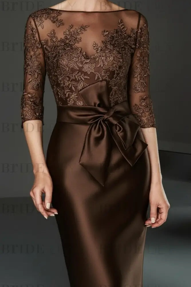 Bateau 3/4 Long Sleeves Satin Mother of the Bride Dresses with Lace