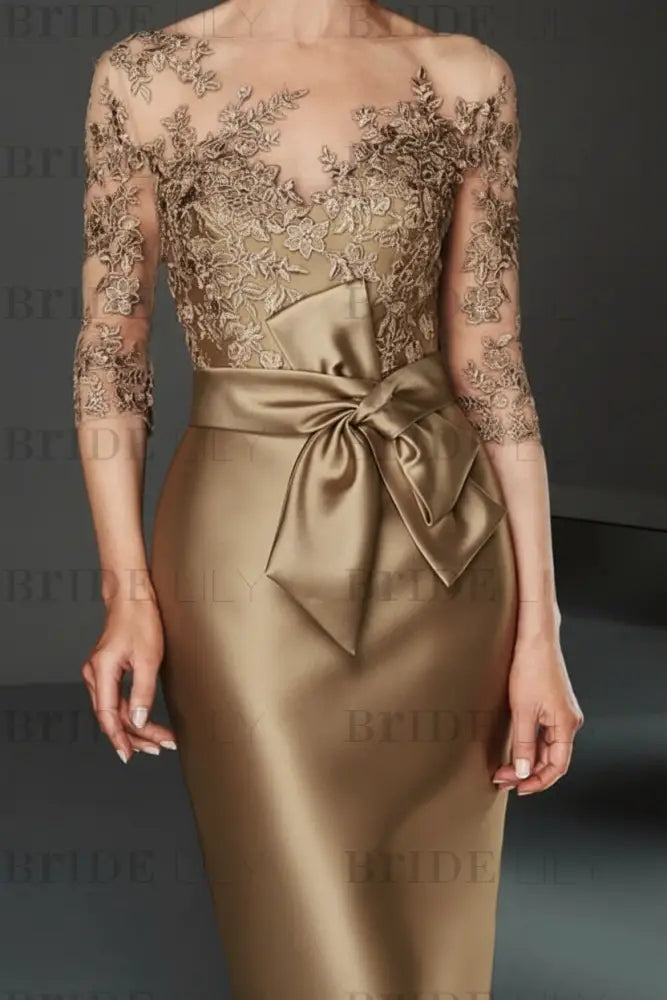 Bateau 3/4 Long Sleeves Satin Mother of the Bride Dresses with Lace