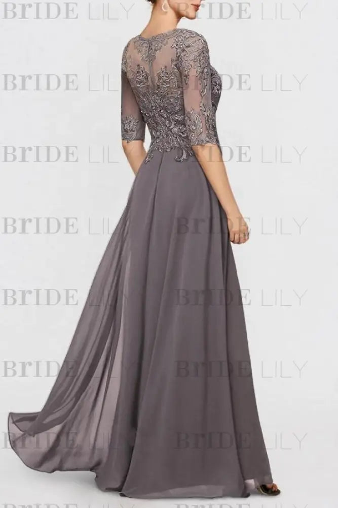 Bateau Neck Floor Length Chiffon Jumpsuit Half Sleeves Mother of the Bride Outfit with Appliques