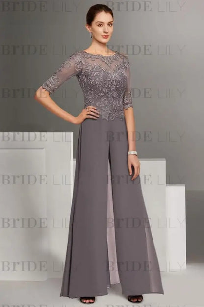 Bateau Neck Floor Length Chiffon Jumpsuit Half Sleeves Mother of the Bride Outfit with Appliques