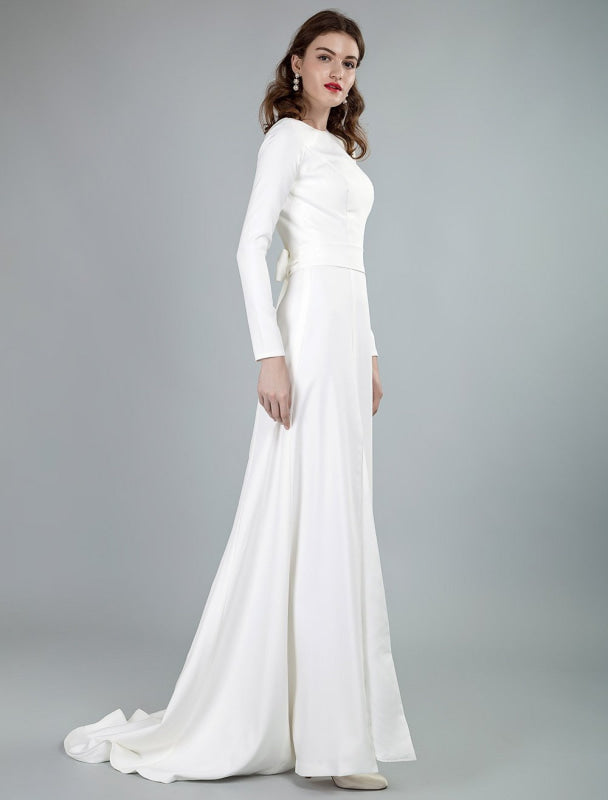 Bateau Neck Long Sleeves Aline Wedding Dress with Front Split