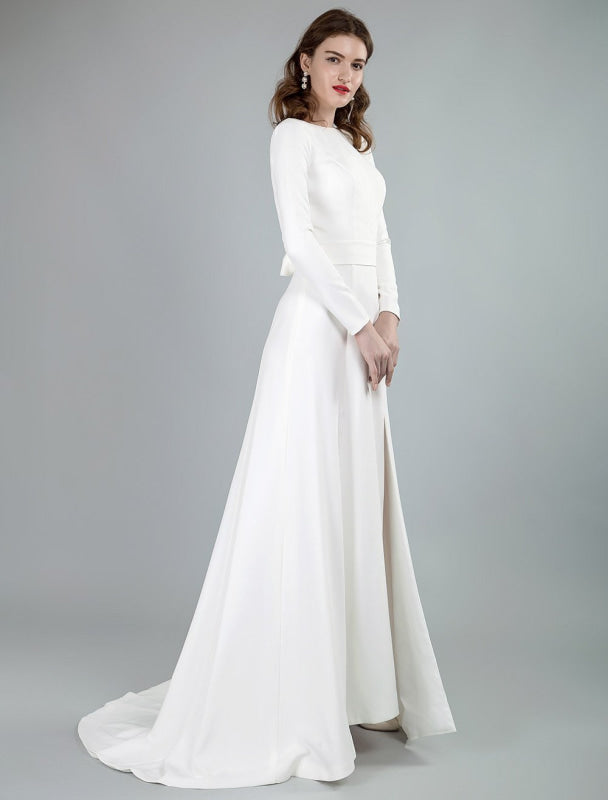 Bateau Neck Long Sleeves Aline Wedding Dress with Front Split