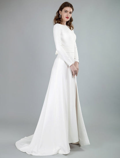 Bateau Neck Long Sleeves Aline Wedding Dress with Front Split