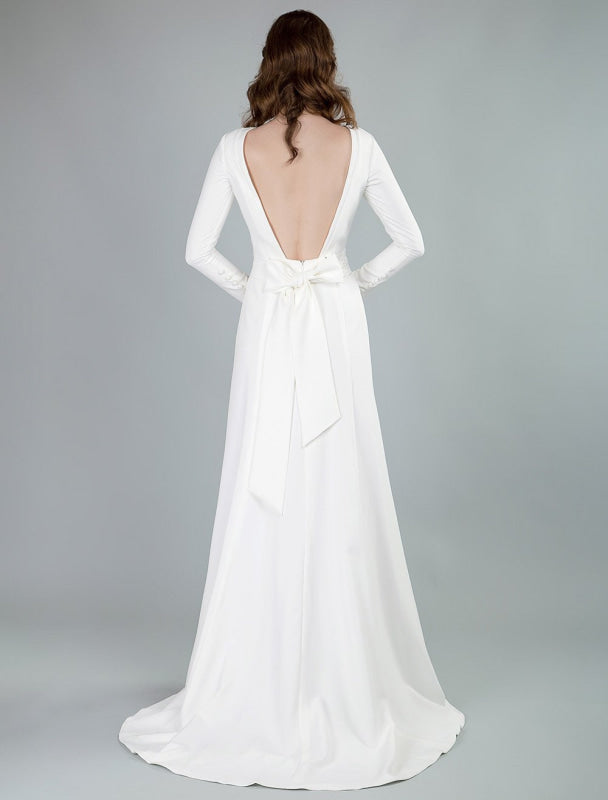 Bateau Neck Long Sleeves Aline Wedding Dress with Front Split