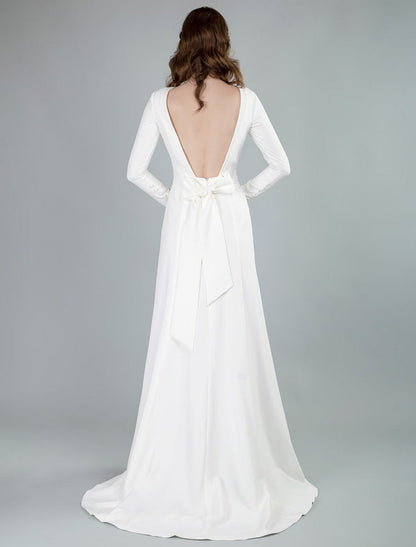 Bateau Neck Long Sleeves Aline Wedding Dress with Front Split