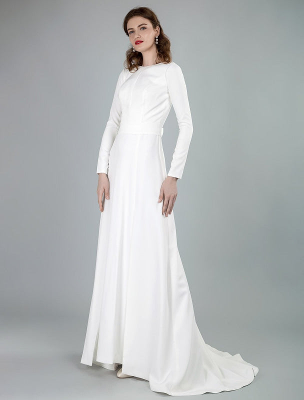 Bateau Neck Long Sleeves Aline Wedding Dress with Front Split