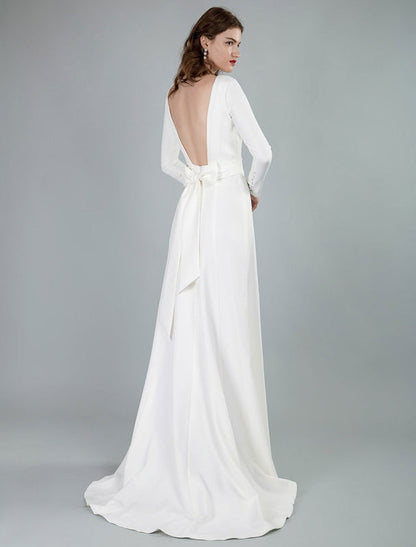 Bateau Neck Long Sleeves Aline Wedding Dress with Front Split