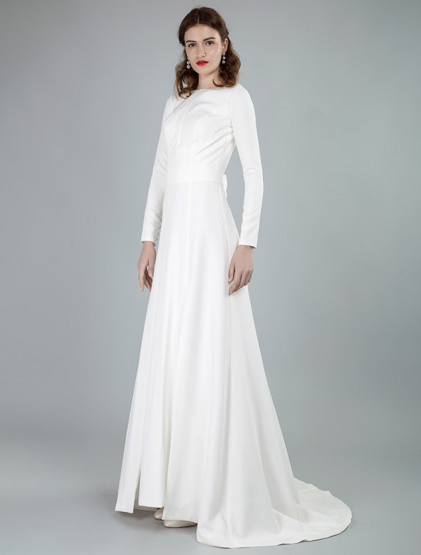 Bateau Neck Long Sleeves Aline Wedding Dress with Front Split