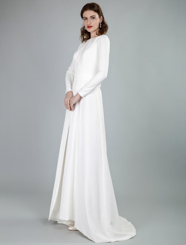 Bateau Neck Long Sleeves Aline Wedding Dress with Front Split