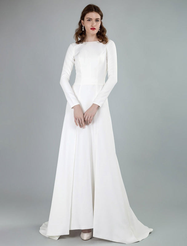 Bateau Neck Long Sleeves Aline Wedding Dress with Front Split