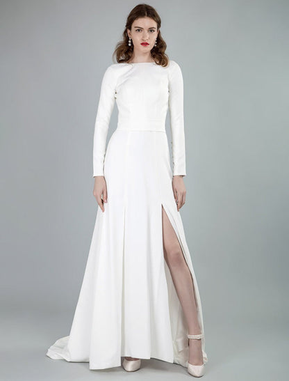 Bateau Neck Long Sleeves Aline Wedding Dress with Front Split